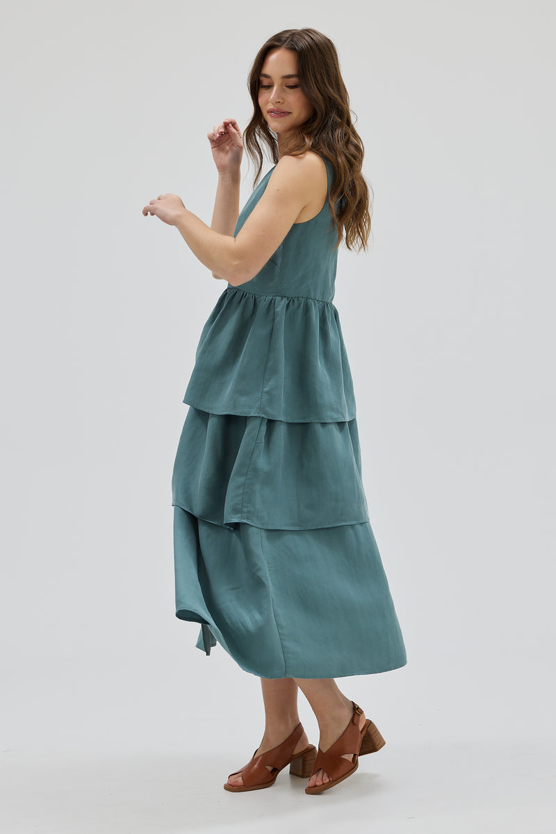 Bow Back Tiered Skirt Midi Dress