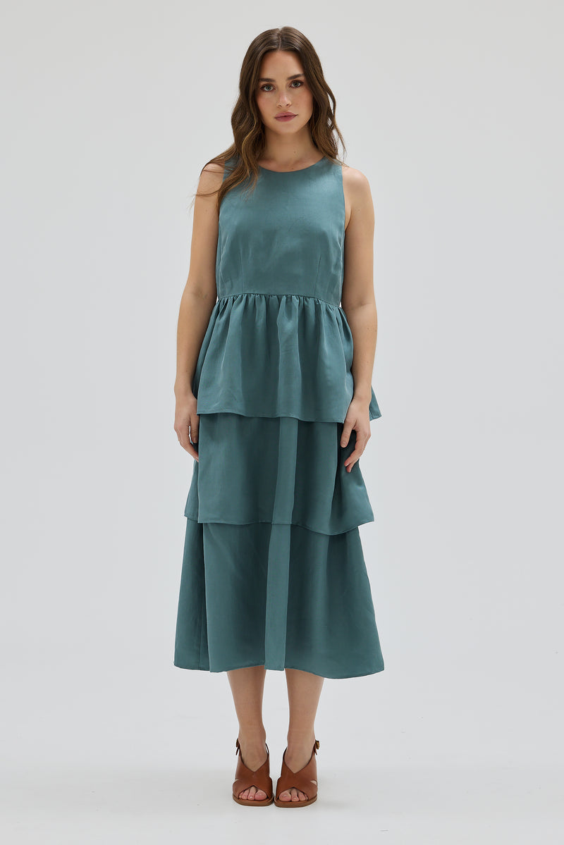 Bow Back Tiered Skirt Midi Dress