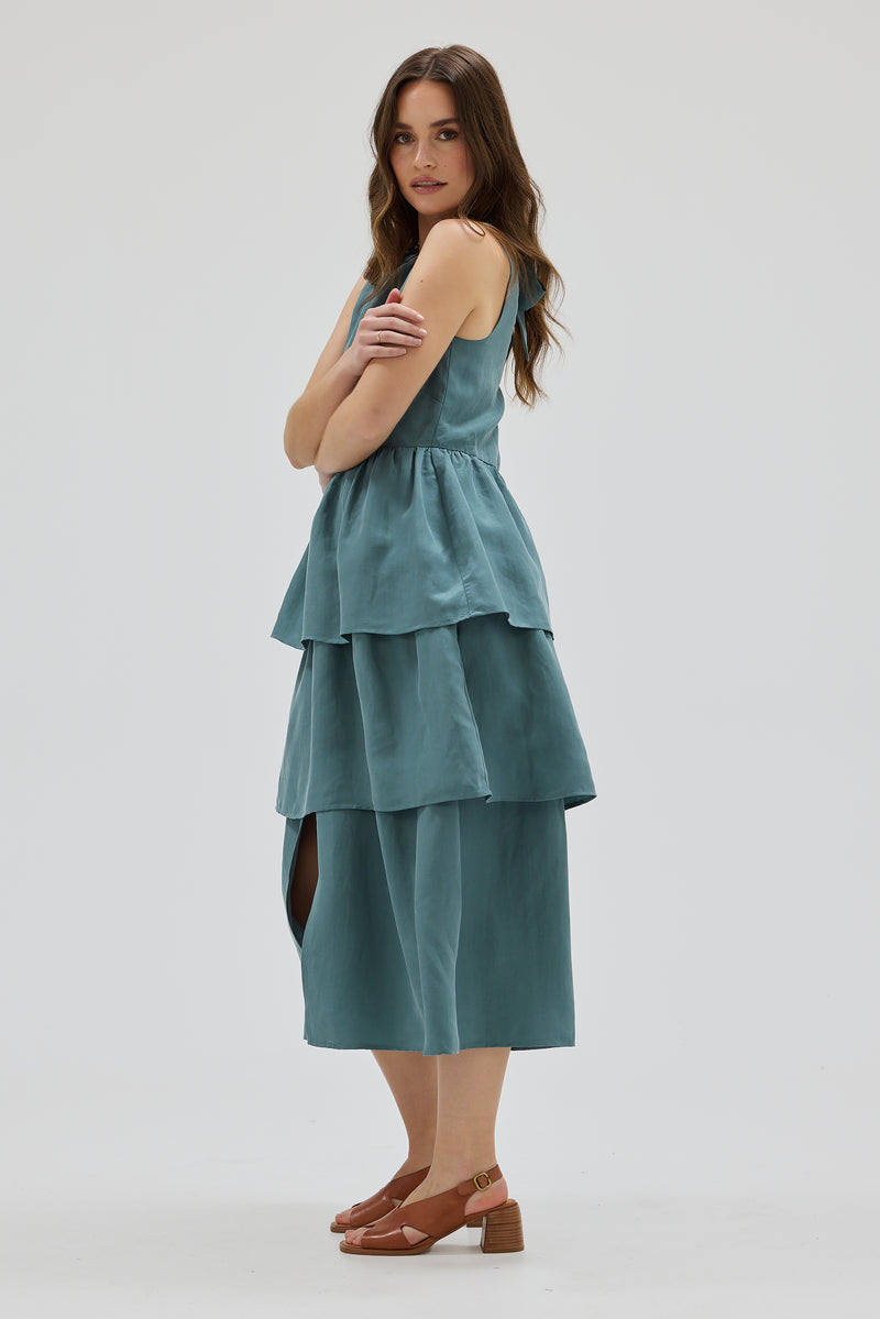 Bow Back Tiered Skirt Midi Dress