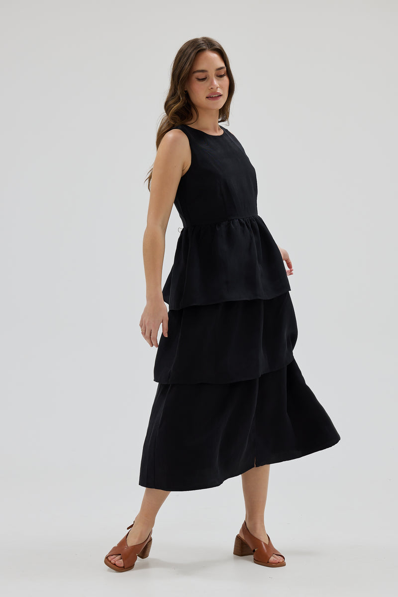 Bow Back Tiered Skirt Midi Dress